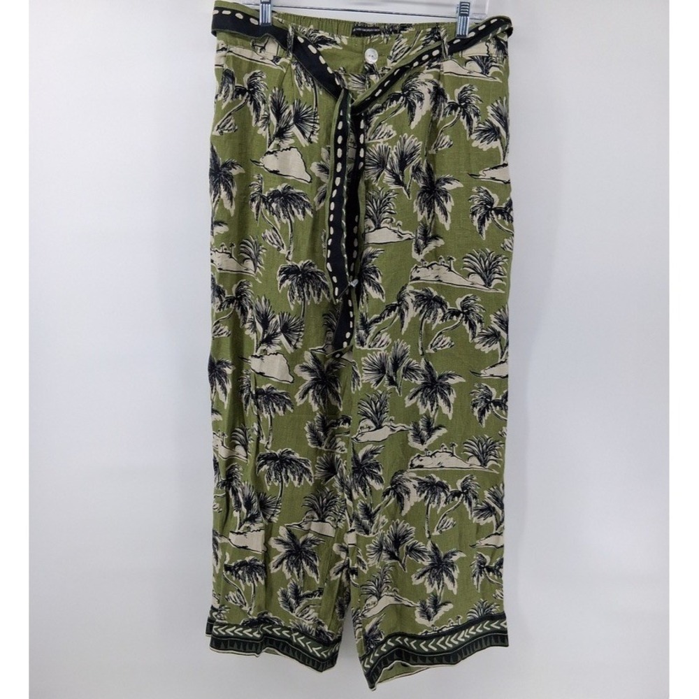 Tahari Linen Pants Womens XL Olive Green Wide Leg Tropical Print Palm Tree Tie